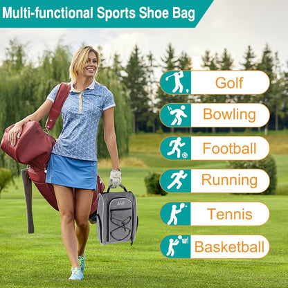 Wolt 2 Pcs Golf Shoe Bag for Travel- Zippered Shoes Carrier Bags with Ventilation & Double Outside Accessory Pocket for Socks, Tees, Golf Balls, etc. for women and men (Black+Grey)