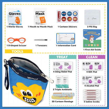 StBernard Kids First Aid Kit, EDC Mini Portable Medical Kit with Cute Bandages, Triple Antibiotic for Children's Daily Boo-Boos, Suits for Home, School, Hiking, Cub Scouts, Backpacking (Blue)
