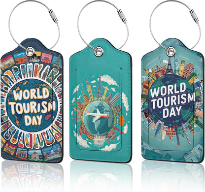 Travel Around The World Luggage Tags for Suitcase,3 Pack Go Travel Flight Views Luggage Tag Leather Privacy Cover ID Label with Stainless Steel Loop for Women Men