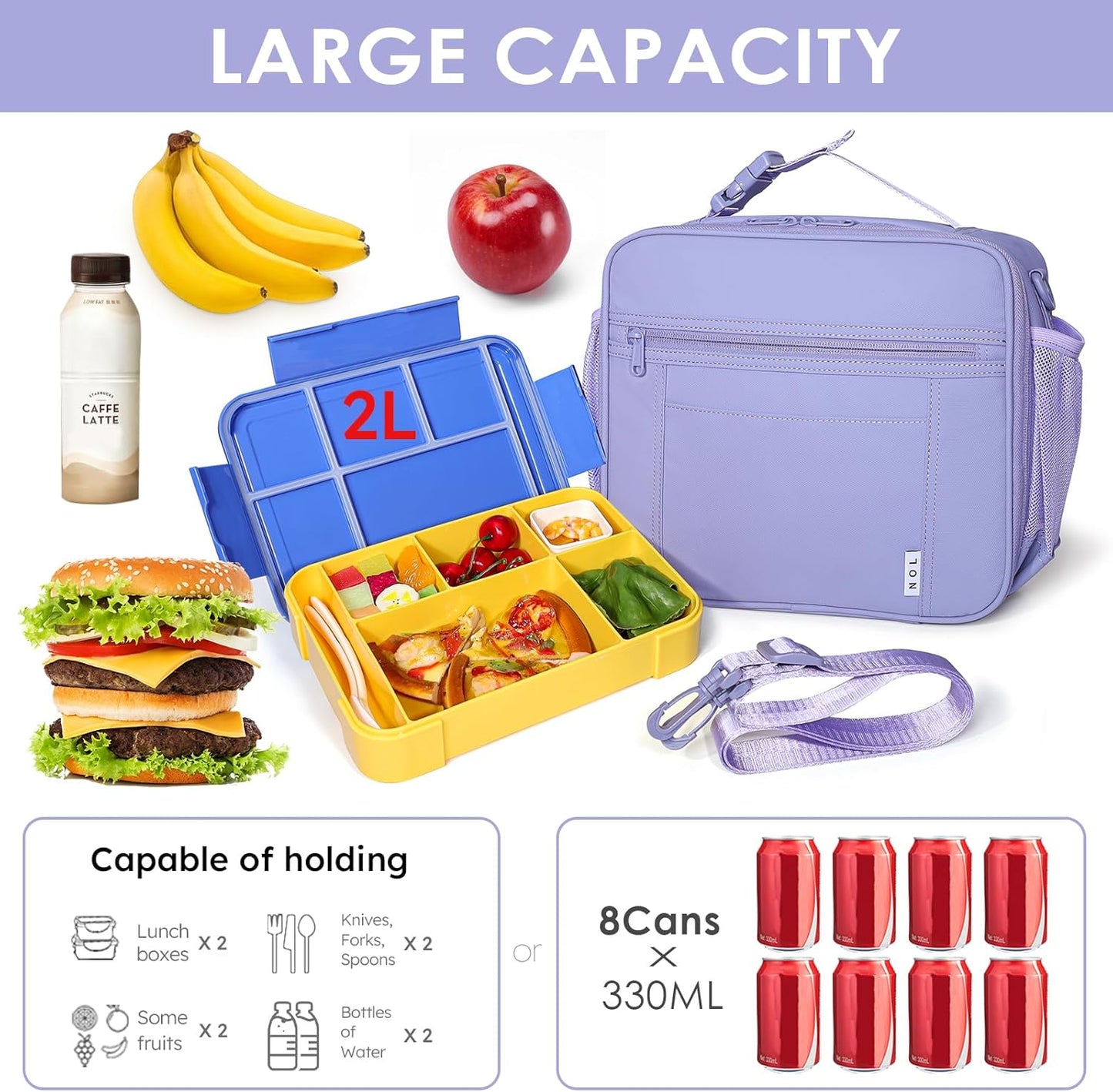 NOL Kids Lunch Bag -Kids 3+ Reusable Insulated Lunch Box with Zipper Closure Buckle Handle Adjustable Long Shoulder Strap, Easy-Clean Waterproof Fabric, Children Lunch Tote Bag for School-Light purple