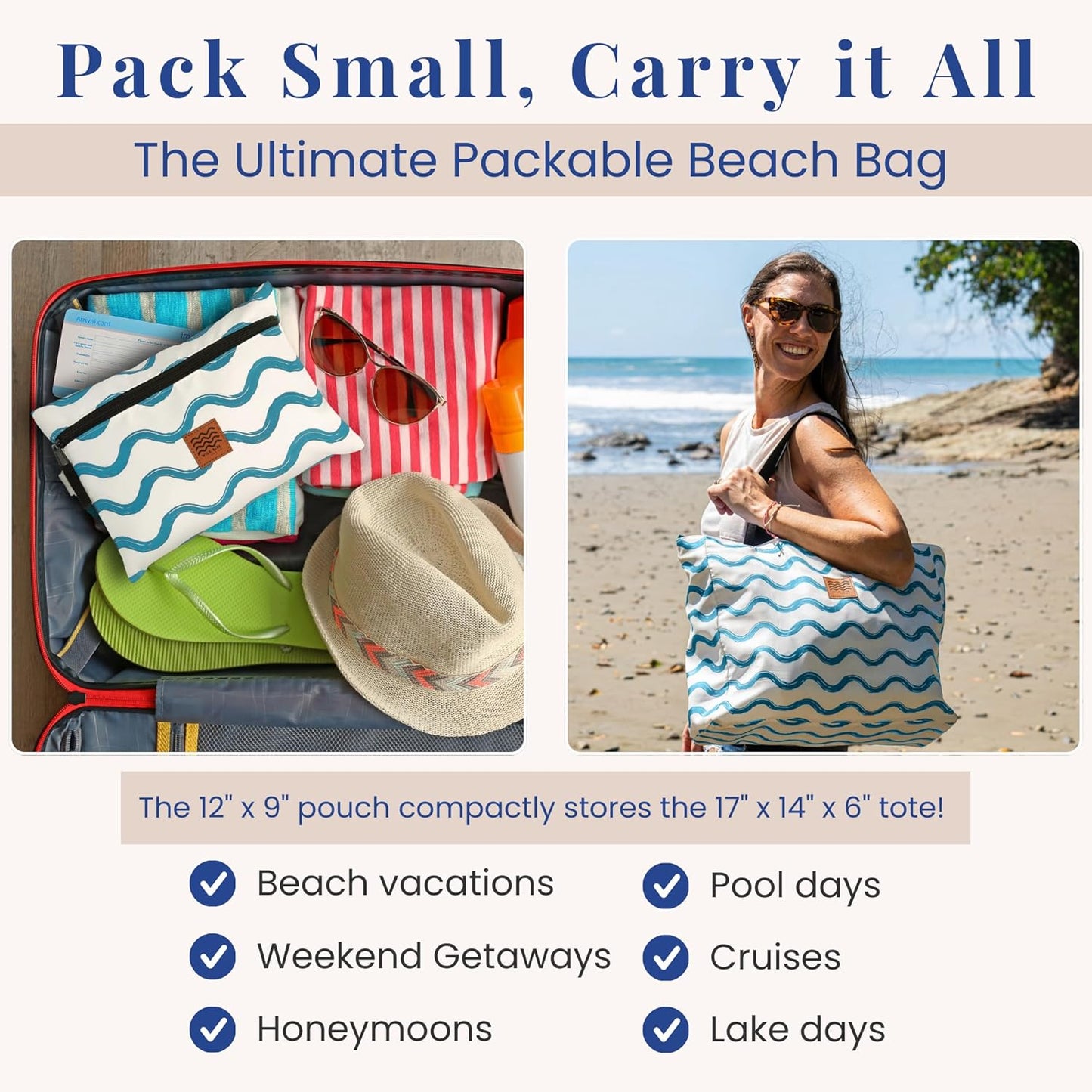 Large Beach Tote Bag for Women – Foldable & Packable Travel Bag with Zipper & Waterproof Pouch, Lightweight & Sandproof