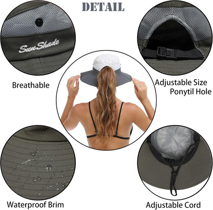 Womens Summer Sun Hat Beach Hat Wide Brim Outdoor UV Protection Hat Foldable Cool Mesh Ponytail Bucket Hat