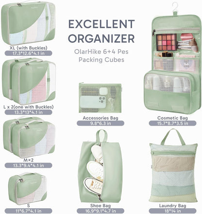 ALL INCLUDED 10 Set Durable Packing Cubes for Suitcases,OlarHike Essentials for Travel,UPGRADED Anti-Tear Stitching, NEW Improved Luggage Packing Organizers for Travel Accessories, Matcha Green