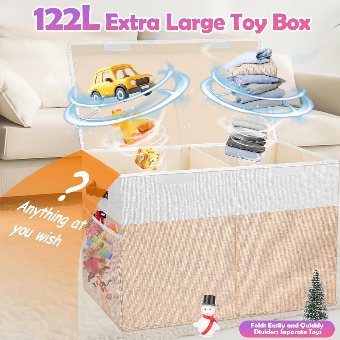 Large Toy Storage Box with Lid, Collapsible Sturdy Toys Storage Organizer Chest Bin Basket with Divider for Kids, Boys, Girls, Closet, Playroom, Bedroom, Nursery, 26"x17"x17" (Beige and White)