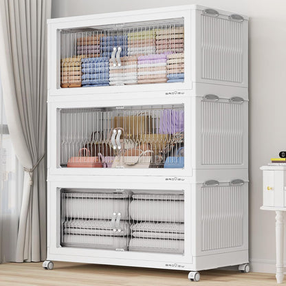 BROVIEW 600Qt Extra Large Stackable Storage Bins with Lid, Closet Organizer Collapsible Drawer Boxes with Wheels, Folding Plastic Cabinet Containers for Home Kitchen Room Organization, 3Pack White
