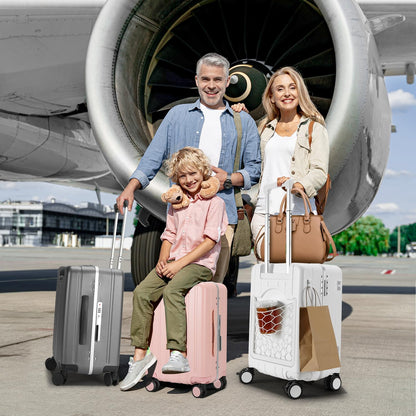 MRPLUM Carry On Luggage Double Handle Suitcase with Net Pocket,Hard Shell Spinner Wheels Luggage with TSA Lock&Seat Belt,20 inch,Grey