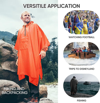PTEROMY Hooded Rain Poncho for Adult with Pocket, Waterproof Lightweight Unisex Raincoat for Hiking Camping Emergency
