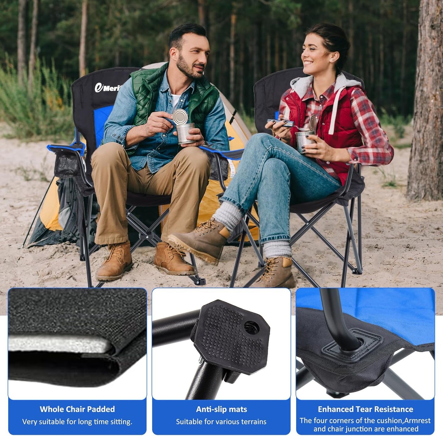EMERIT 2 Pack Oversized Padded Camping Chair, 350LB Heavy Duty Quad Fold Chair with Arms, Collapsible Outdoor Chairs with Lumbar Back & Cup Holder