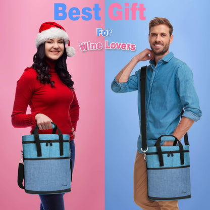 Tirrinia Insulated Wine Gift carrier - 3 Bottle Travel Padded Wine Carry Cooler Tote Bag with Handle and Adjustable Shoulder Strap, Blue