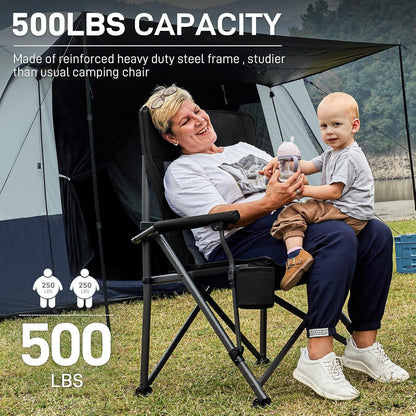 EVER ADVANCED Oversized Folding Camping Chair for Adults, Heavy Duty Lawn Chair with Side Pockets, Portable Collapsible Quad Chair for Outside, Support Up to 500lbs, Black 2PACK