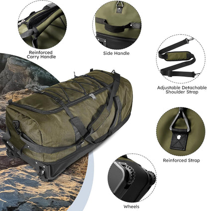 110L Expandable to 140L 32” Foldable Oxford Soft-Sided Rolling Duffle Bag with 2 Heavy-Duty Wheels,3 Large Compartments,Adjustable Shoulder Strap and Attached Organizer Pouch,Green
