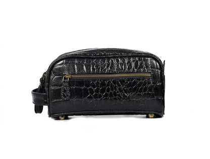 10" Premium Leather Toiletry Travel Pouch With Waterproof Lining | King-Size Handcrafted Vintage Dopp kit By Aaron Leather Goods (Grease Black)