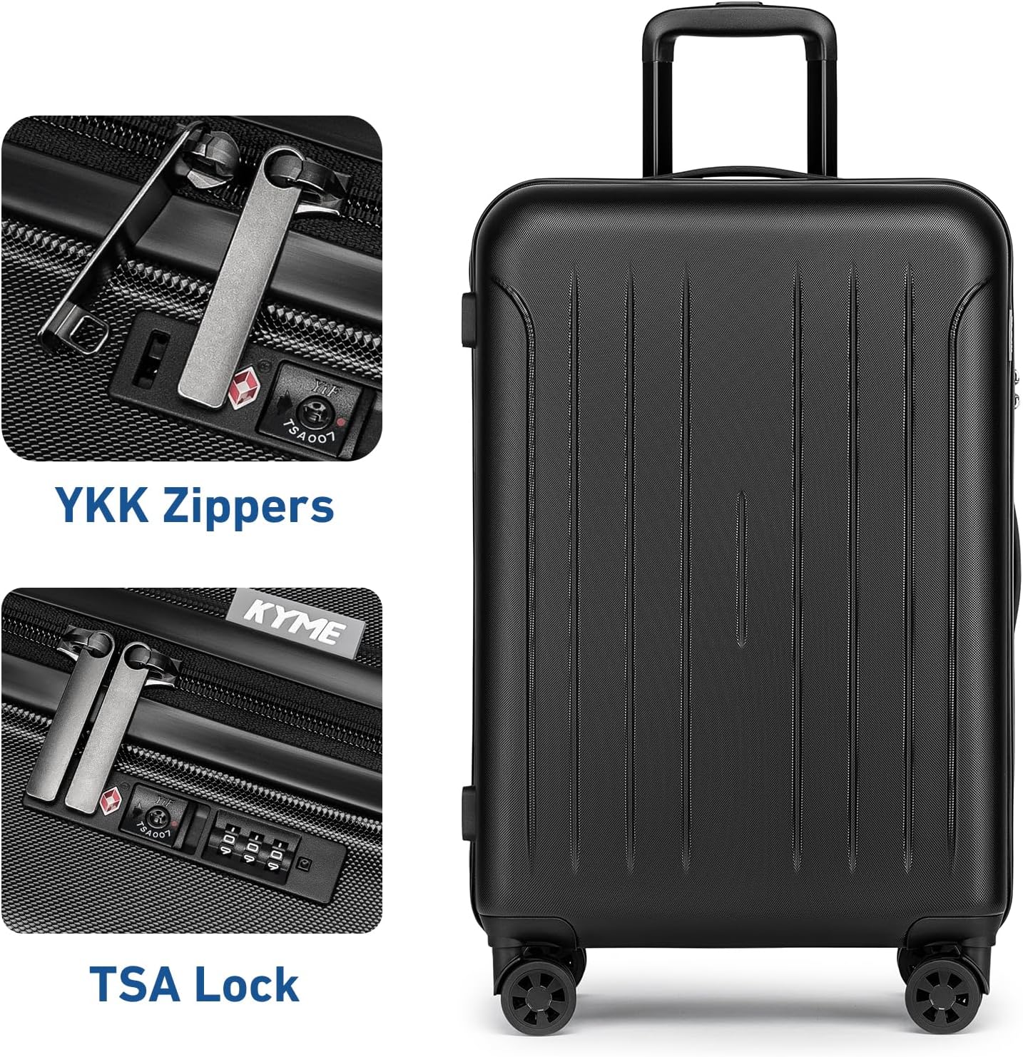 KYME Suitcase Hardshell With Double Spinner Wheels, PC+ABS TSA Lock Travel Luggage (Black, 24" Checked)