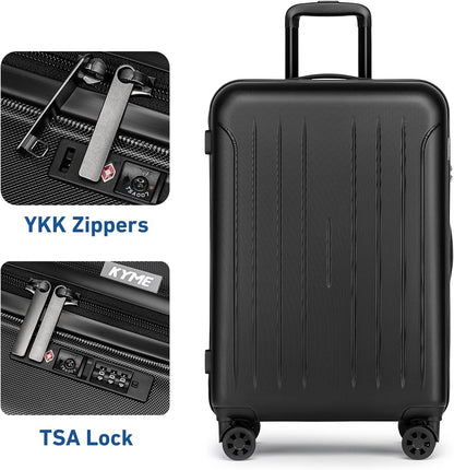 KYME Suitcase Hardshell With Double Spinner Wheels, PC+ABS TSA Lock Travel Luggage (Black, 24" Checked)