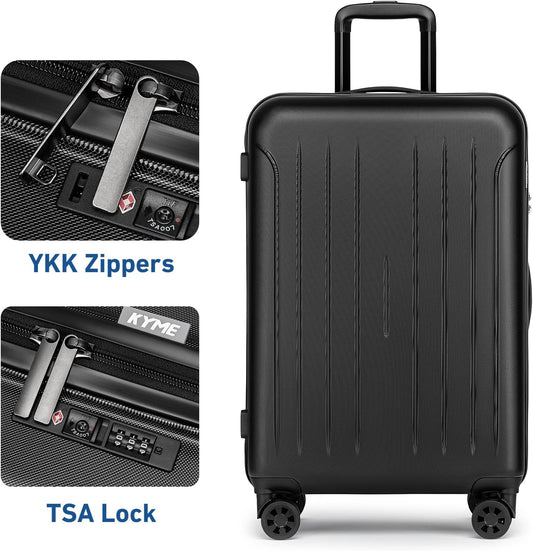 KYME Suitcase Hardshell With Double Spinner Wheels, PC+ABS TSA Lock Travel Luggage (Black, 24" Checked)