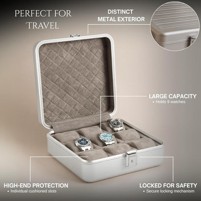 Bey-Berk Prague Aluminum Watch Case in Silver – 9-Slot Locking Travel Box with Soft Interior for Watch Storage