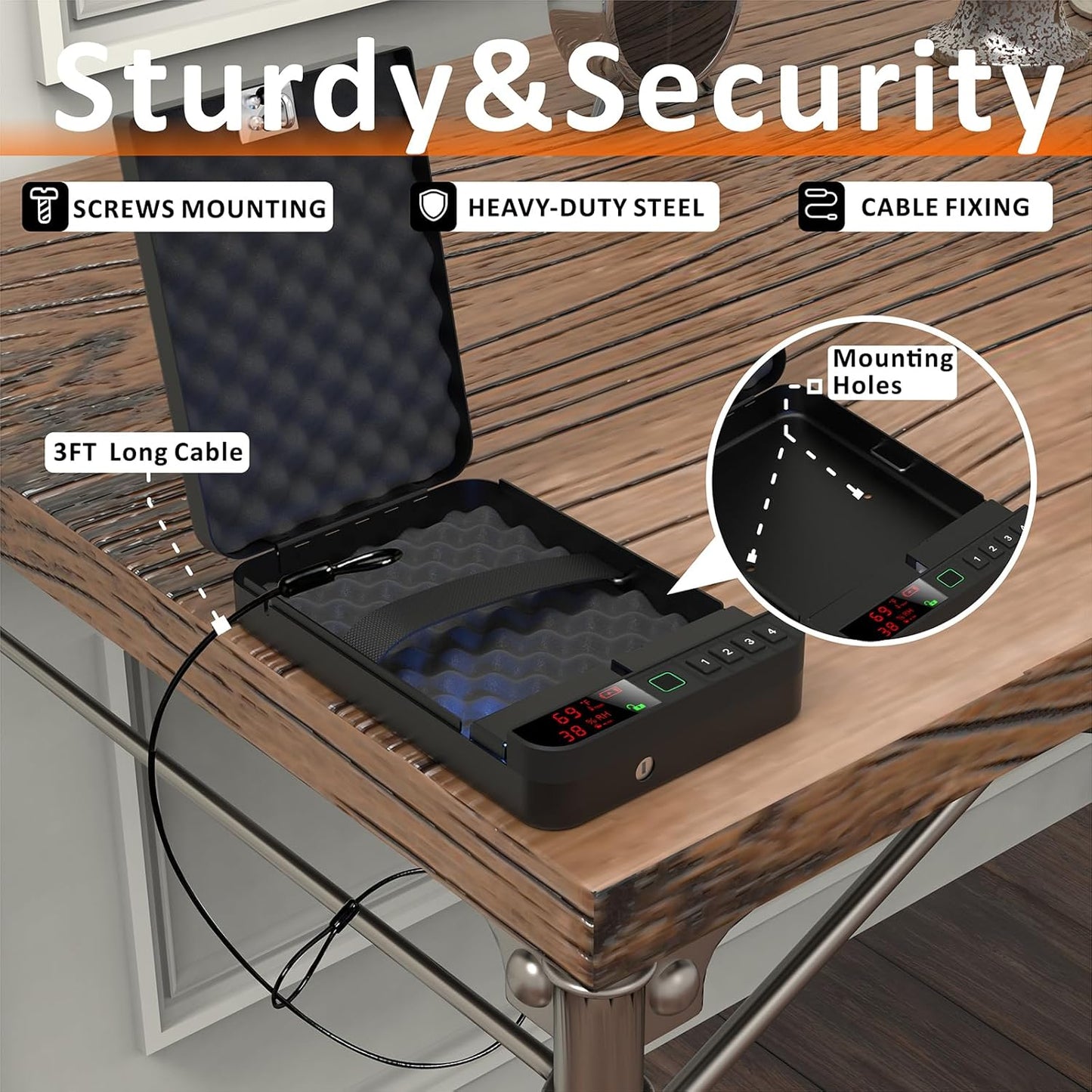 Portable Gun Pistol Safe with LCD Display of Temp,Humidity,Biometric Fingerprint,Keypad Lock,Key,Biometric Handgun Safe for Travel/Home/Car/Nightstand Beside (Black)
