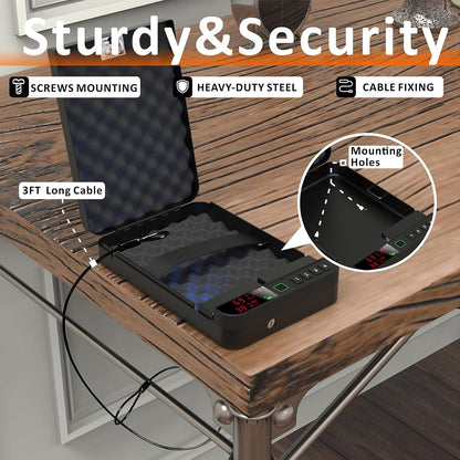 Portable Gun Pistol Safe with LCD Display of Temp,Humidity,Biometric Fingerprint,Keypad Lock,Key,Biometric Handgun Safe for Travel/Home/Car/Nightstand Beside (Black)
