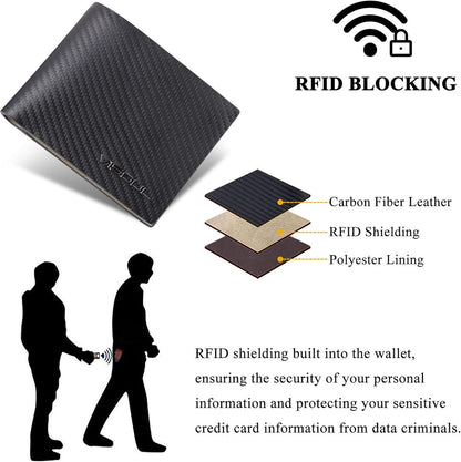 VISOUL Mens Carbon Fiber Leather Bifold Wallet with 2 ID Windows, RFID Blocking Wallet with 2 Money Compartments, Stylish Two-tone Back Pocket Wallet for Men (Black+Light Gray)