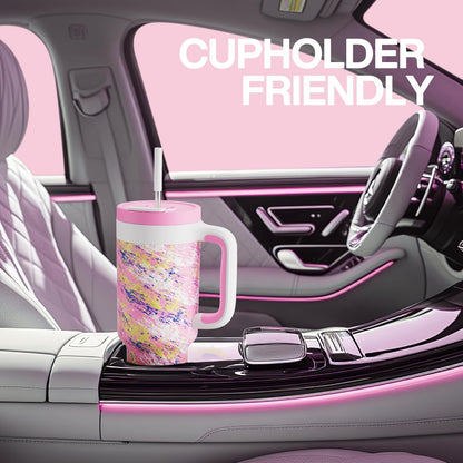POWCAN 40 oz Tumbler with Handle, 2-in-1 Straw and Sip Lid, Leakproof, Dishwasher Safe, Insulated Stainless Steel Travel Coffee Mug, Keeps Cold for 34 Hours, Fits in Car Cup Holder (Pink Ladies)