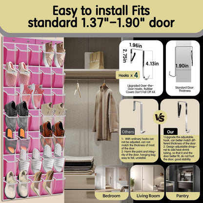 35 Pocket Over the Door Shoe Organizer,Reusable Breathable Large Mesh Bag Men's & Women's Sneaker Organizer,Shoe Organizer for Kids,Hanging Shoe Storage Hanging Bag (Pink)