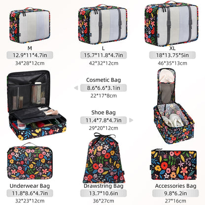 BAGAIL 8 Set Packing Cubes Luggage Packing Organizer Bags for Travel Accessories-Black Floral