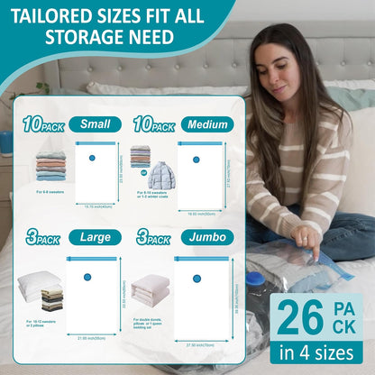 Cozy Essential 26 Pack Vacuum Storage Bags with Portable Electric Pump, Vacuum Seal Space Saver Bags for Clothing, Pillows, Blanket, Bedding, Comforters