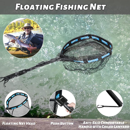 PLUSINNO Floating Fishing Net for Steelhead, Salmon, Fly, Kayak, Bass, Trout Fishing, Catfish, Rubber Coated Landing Net for Easy Catch & Release for Easy Transportation & Storage