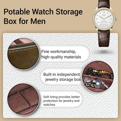 CONBOLA 2 Watch Travel Case for Men with Accessory Compartment,Compact Watch Box for Men Jewelry Case with Microsuede Interior,PU Leather Protect Fits Watches & Smartwatches Up to 55mm. (Brown)