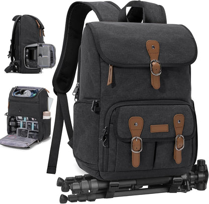 RAINSMORE Camera Bag Backpack for DSLR/SLR Mirrorless 15.6 Inch Laptop Camera Back Pack for Photographers Anti-Theft Photography Bags Case with Tripod Holder & Rain Cover, Black