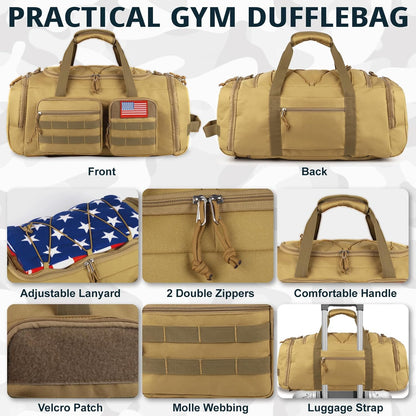 Tactical Gym Bag for Men，50L Large 3 in 1 Sports Duffle Bag with Shoes Compartment for Travel,Water Resistant Travel Backpack Weekender Overnight Bag with Wet Pocket for Women