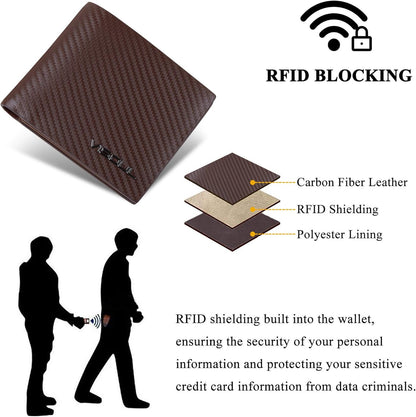 VISOUL Mens Carbon Fiber Leather Bifold Wallet with 2 ID Windows, RFID Blocking Stylish Wallet for Men with 2 Cash Compartments (Brown+Brown)