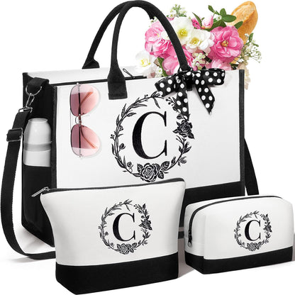 Personalized Mothers Day Gifts for Women, Initial Canvas Tote Bag & Makeup Bag Monogrammed Beach Tote Bag for Women w/Zipper, Birthday Gifts for Women Mom Her Girlfriend Wife Sister Friend Daughter