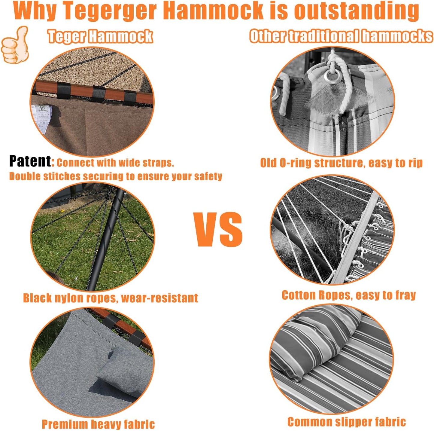 TegerDeger 12FT 2 Person Hammock with Stand Included 55 x 79IN Large Hammock 450LB Capacity with Hardwood Spreader Bar & Nylon Rope for Outside, Patio, Garden, Backyard, Beach, Poolside - Gray