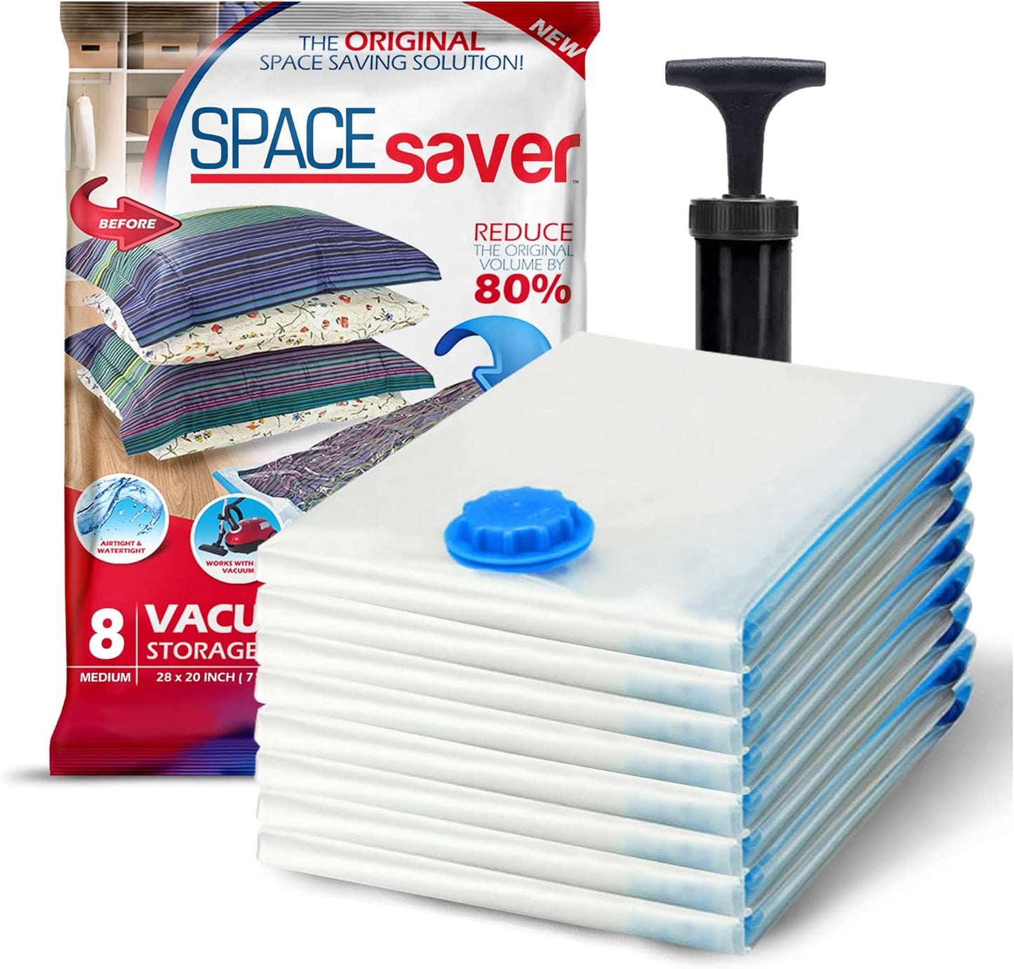 8 Pack Medium Vacuum Storage Bags for Comforters, Blankets & Clothes – Vacuum Sealed Compression Bags with Hand Pump – Space Saver Storage Bags for Bedding, Moving, Travel & Organization