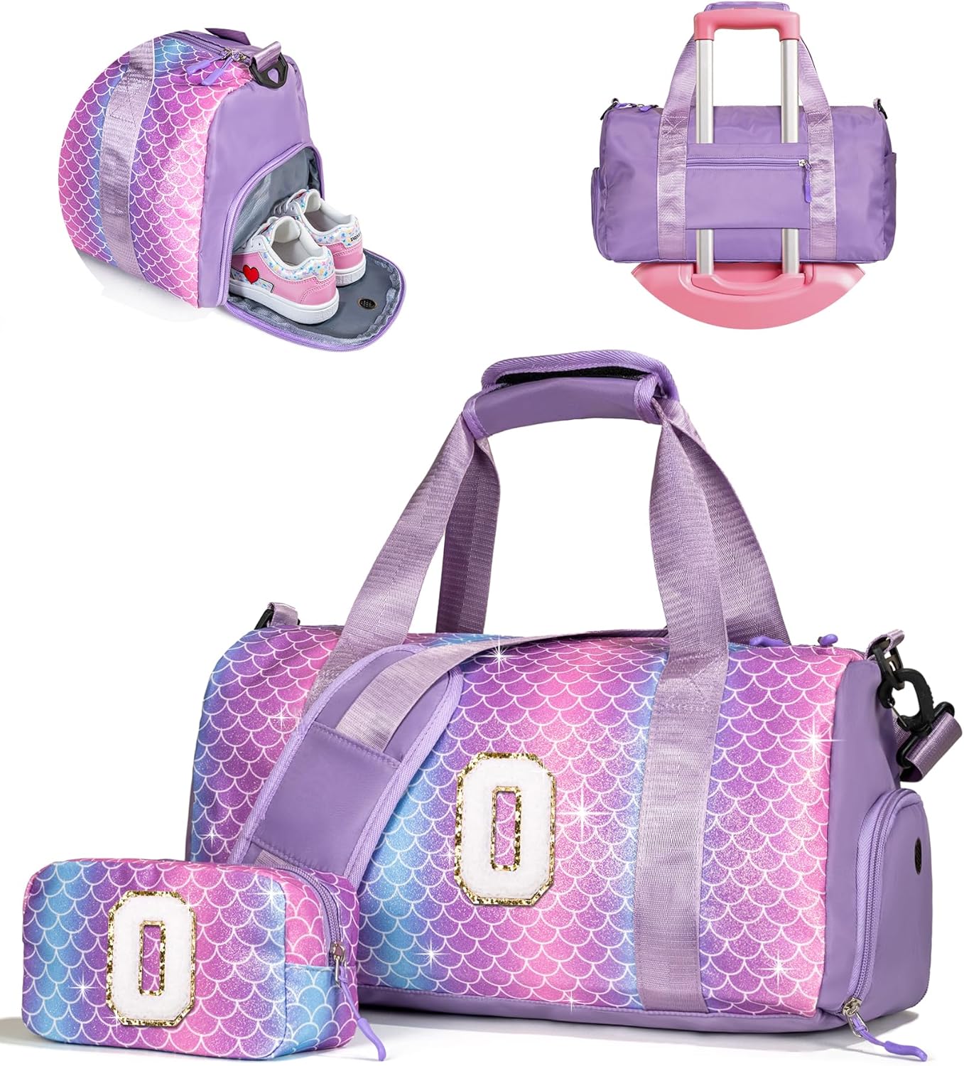 TrendyGifts for Girls-Girl Gym Bag with Shoe Compartment, Kid Personalized Weekender Overnight Bags, Initial Travel Tote with Makeup Pouch, Gift Ideas for Niece Sister (Letter O)