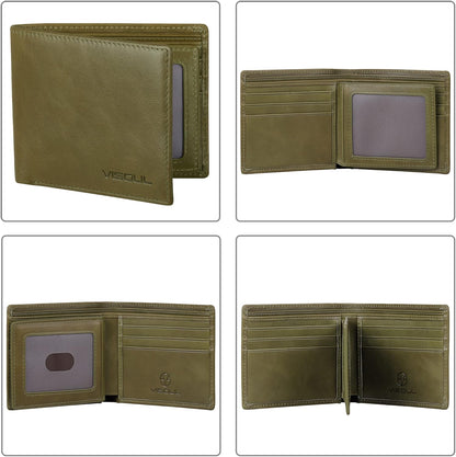 VISOUL Men's Bifold Wallet with 2 ID Windows, Genuine Leather Card Holder Front Pocket Wallet with RFID Blocking for Men (Green)