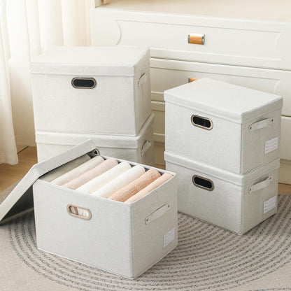 PRANDOM Collapsible Storage Bin with Lid [1-Pack] Fabric Foldable Storage Box Organizer Container Basket Cube with Cover for Home Bedroom Closet Office Nursery Beige(15.3x10x9.7)