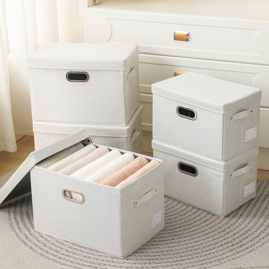 PRANDOM Collapsible Storage Bin with Lid [1-Pack] Fabric Foldable Storage Box Organizer Container Basket Cube with Cover for Home Bedroom Closet Office Nursery Beige(15.3x10x9.7)