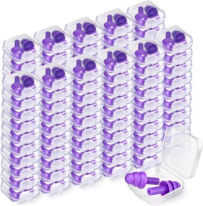 TrelaCo 100 Pairs Ear Plugs Bulk, NRR 29dB Reusable Silicone Ear Plugs with Plastic Cases Soft Foam for Sleeping Noise Cancelling for Concerts Shooting Swimming Noise Reduction(Purple)