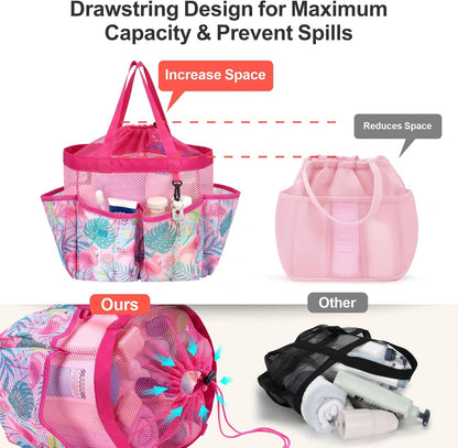 F-color Mesh Shower Caddy Portable with Drawstring - Upgrade Deeper 7 Pockets Dorm Room Essentials for Guys Girls with S Hook, Shower Bag Basket Tote for College Camping Bathroom, Pink Flamingo