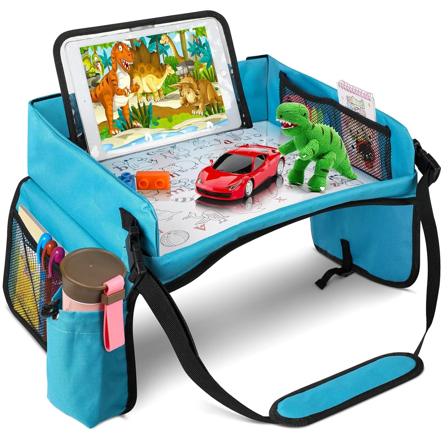 BUENAVO [New Version] Car Seat Organizer Kids Travel Tray for Kids Toddlers Activities in Car Seat, Stroller, Airplane | Waterproof Dry Erase Top | Side Pocket & Water Bottle Holder