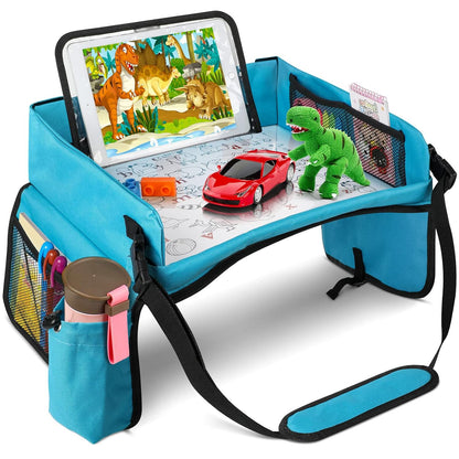 BUENAVO [New Version] Car Seat Organizer Kids Travel Tray for Kids Toddlers Activities in Car Seat, Stroller, Airplane | Waterproof Dry Erase Top | Side Pocket & Water Bottle Holder