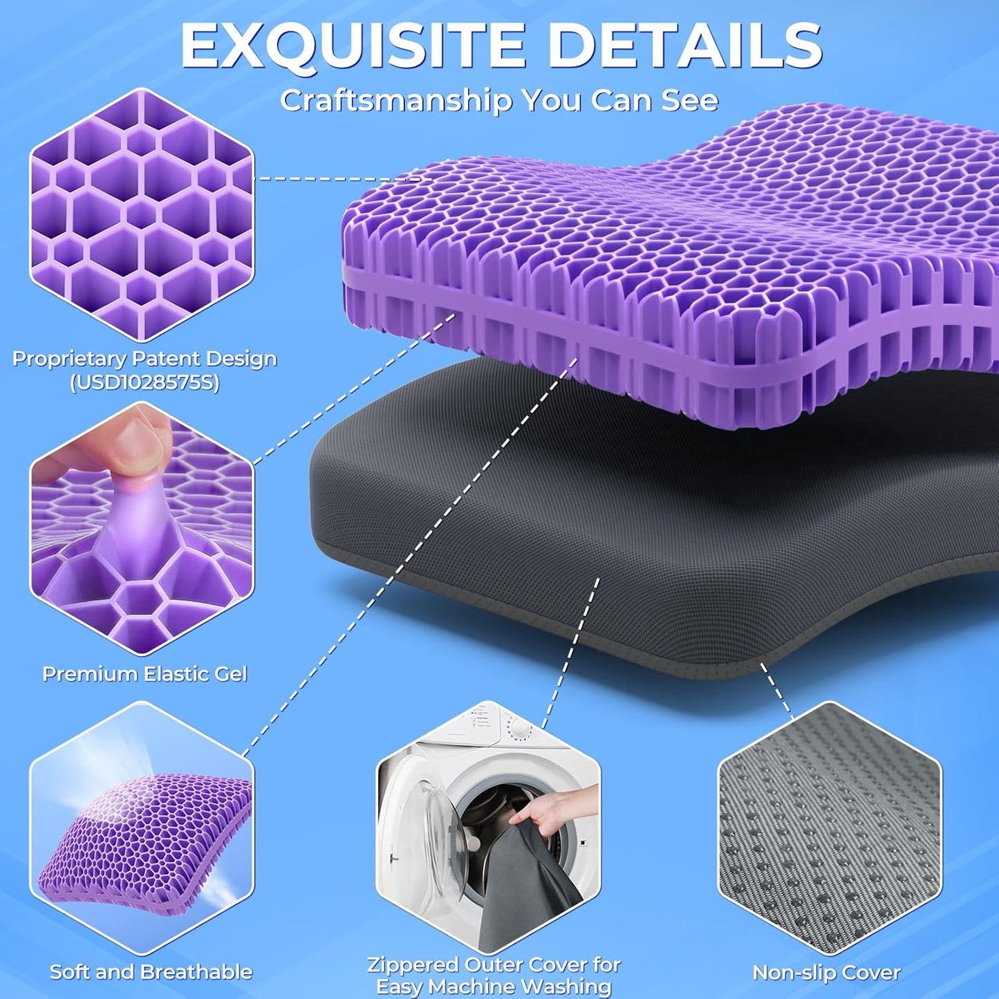 TushGuard Gel Seat Cushion for Long Sitting, Enlarged & Thickened Patent Design Office Chair Seat Cushion, Breathable Cooling Pads for Chairs, Soft Car Cushions for Wheelchair(Large, Grey)