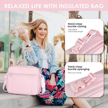 NOL Kids Lunch Bag - Kids 3+ Reusable Insulated Lunch Box with Zipper Closure Buckle Handle Adjustable Long Shoulder Strap, Easy-Clean Waterproof Fabric, Children Lunch Tote Bag for School -Pink