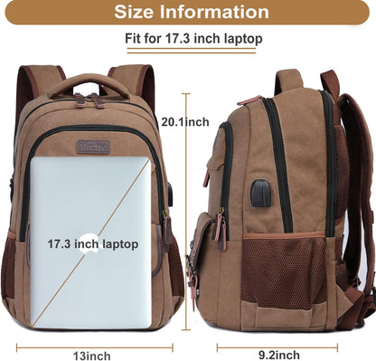 Mactso Canvas Travel Laptop Backpack for Men Women, Business Work Rucksack College Computer Bag Fits 17.3 Inch Notebook,Bookbag with USB Charging Port (Coffee, 17.3 Inch)