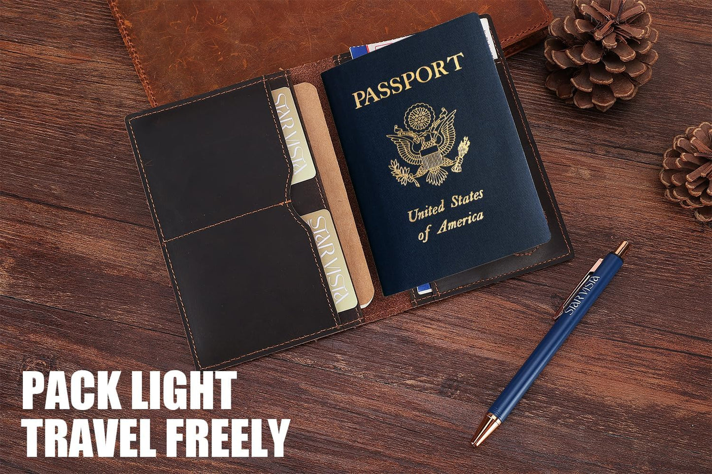 STAR VISTA Albatross Leather Travel Passport Holder, Minimalist Design, Full Grain Leather Case for Women and Men - Slim Passport Wallet, Bifold, RFID Blocking, with AirTag Holder, Dark Chocolate