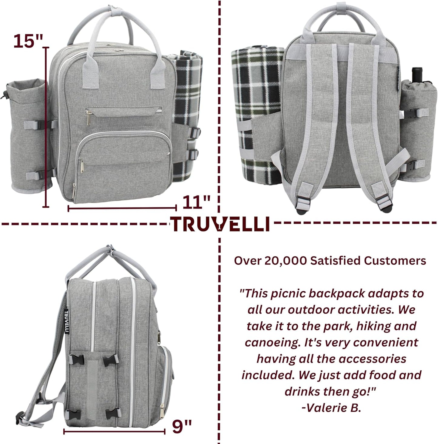 Truvelli Picnic Backpack for 2 with Blanket – 12-in-1 Insulated Picnic Basket Backpack Set with‬ Wine Holder, Cutlery & Cheese Board – Luxury Picnic Back Pack for Couples, Outdoor‬ Adventures, Gray