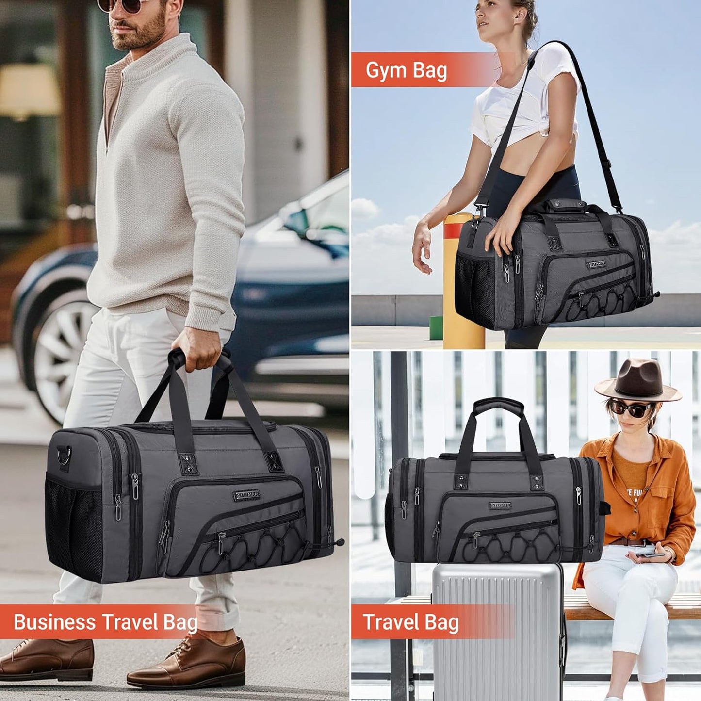 WITZMAN Duffle Bag for Men Nylon Large Gym Weekender Bag with Shoe Compartment Expandable Carry on Overnight Bag(B695 Silvery Grey)