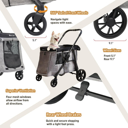 Medium Dog Stroller for Small to Large Dogs 4 Wheels Multi Pet Stroller for 4 Dogs Holds Up to 66lbs, One-Click Folding&Smooth Tires&Sunshade & Storage Basket (Gray, Medium)